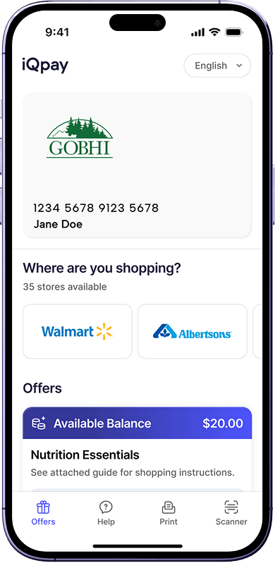 iQpay mobile app wallet interface showing digital payment cards for food assistance and benefits management