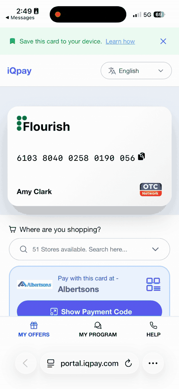 iQpay mobile app wallet interface showing digital payment cards for food assistance and benefits management